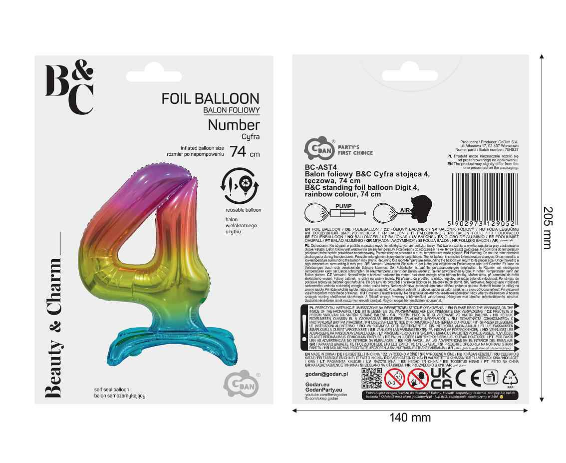 B&C standing foil balloon Digit 4, rainbow colour, 74 cm